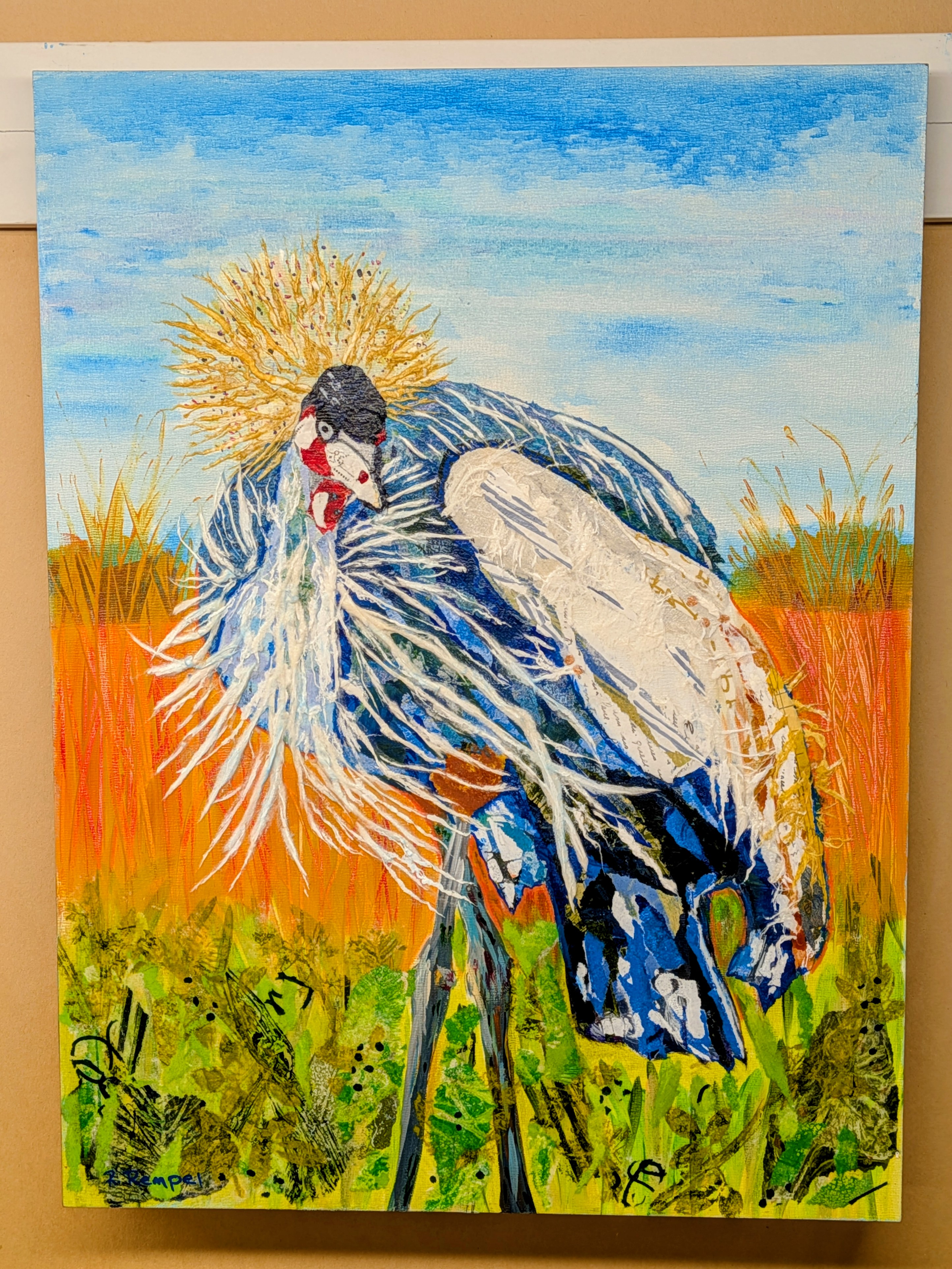 Crowned crane collage painting with gold highlights and teal background