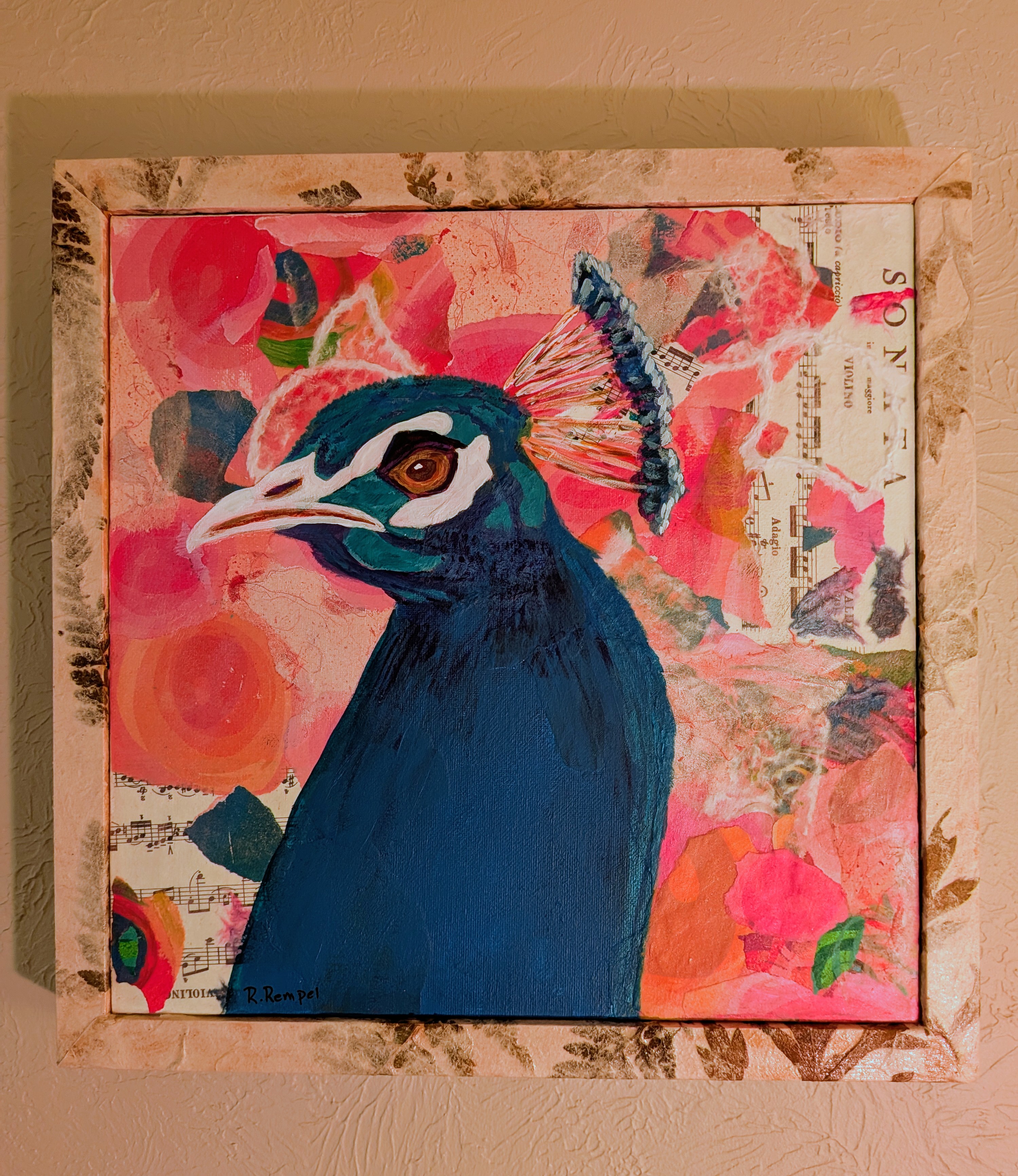 Peacock against a pink collage of sheet music and abstract shapes