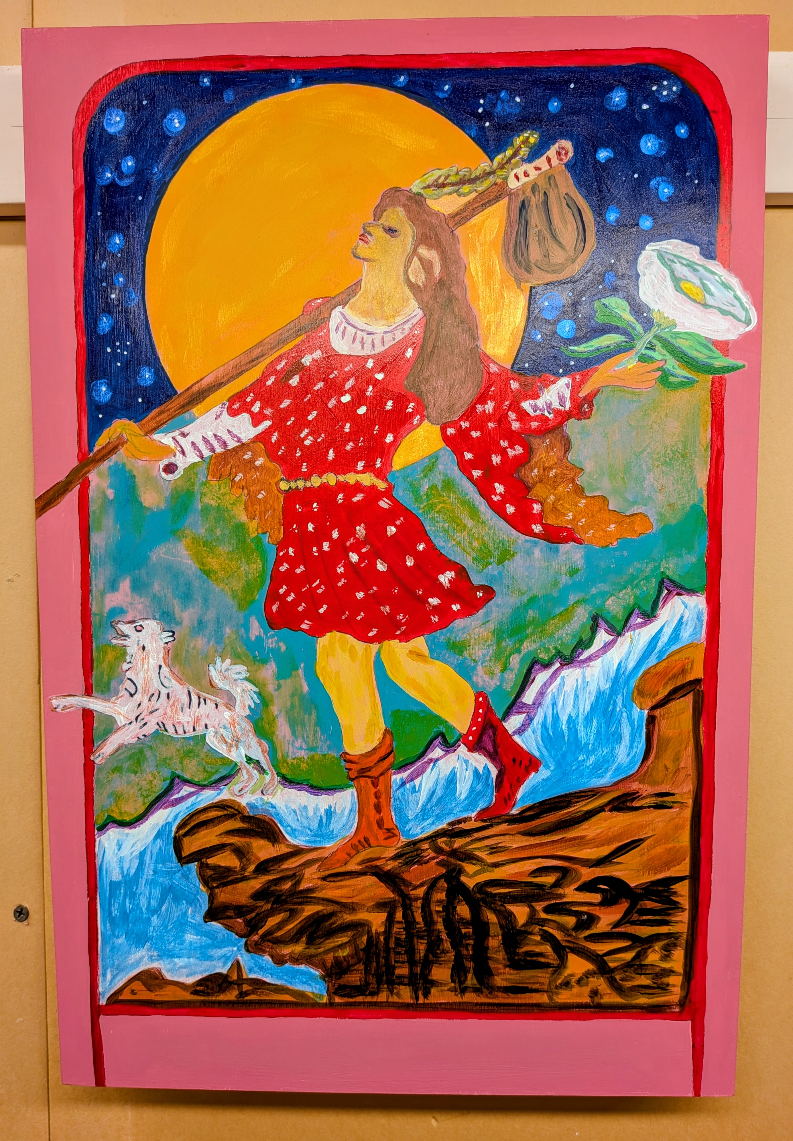 Figure in a red tunic marching beneath a moonlit sky with a white dog