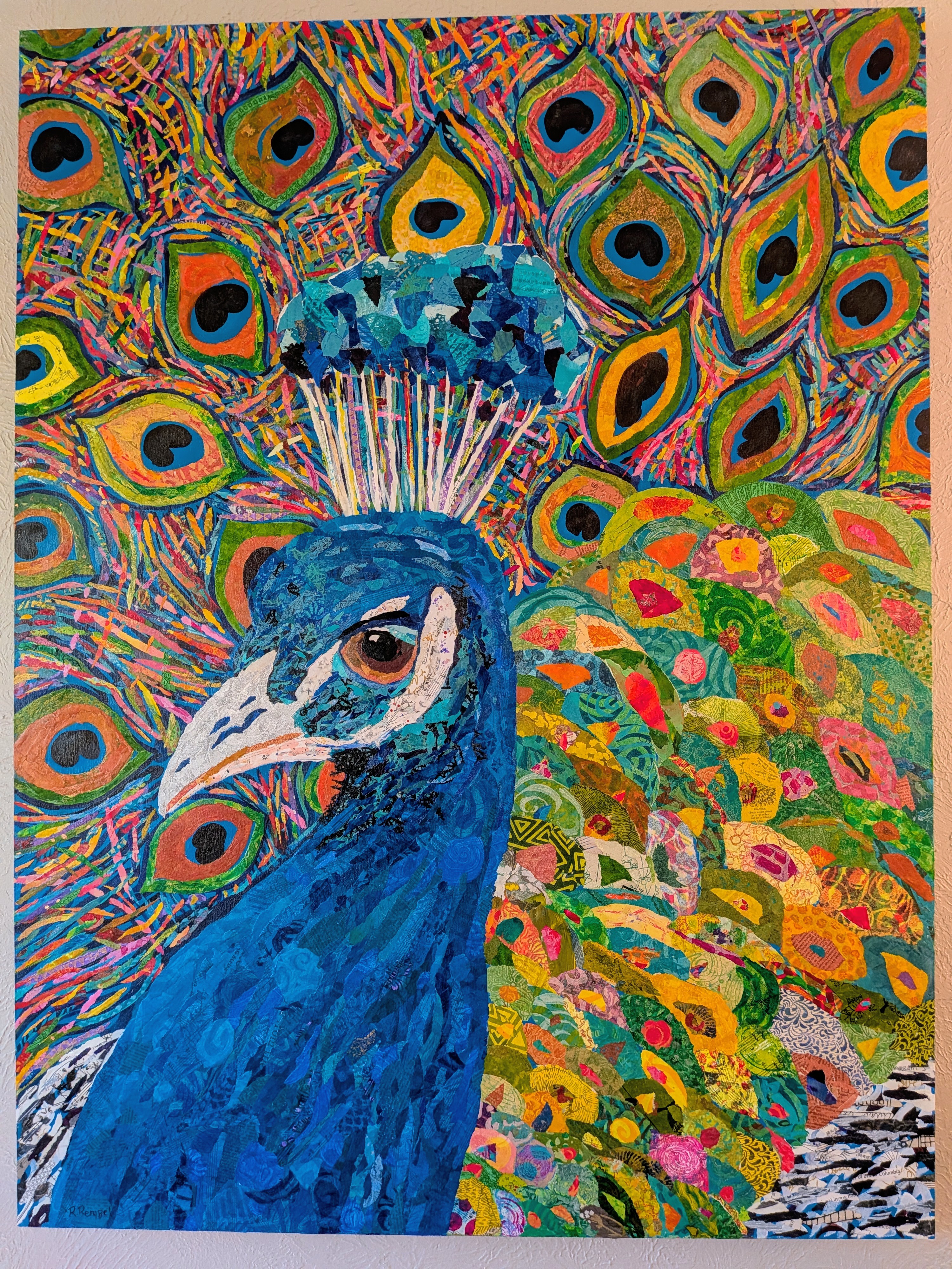 Peacock portrait with a vibrant fan of layered feather motifs
