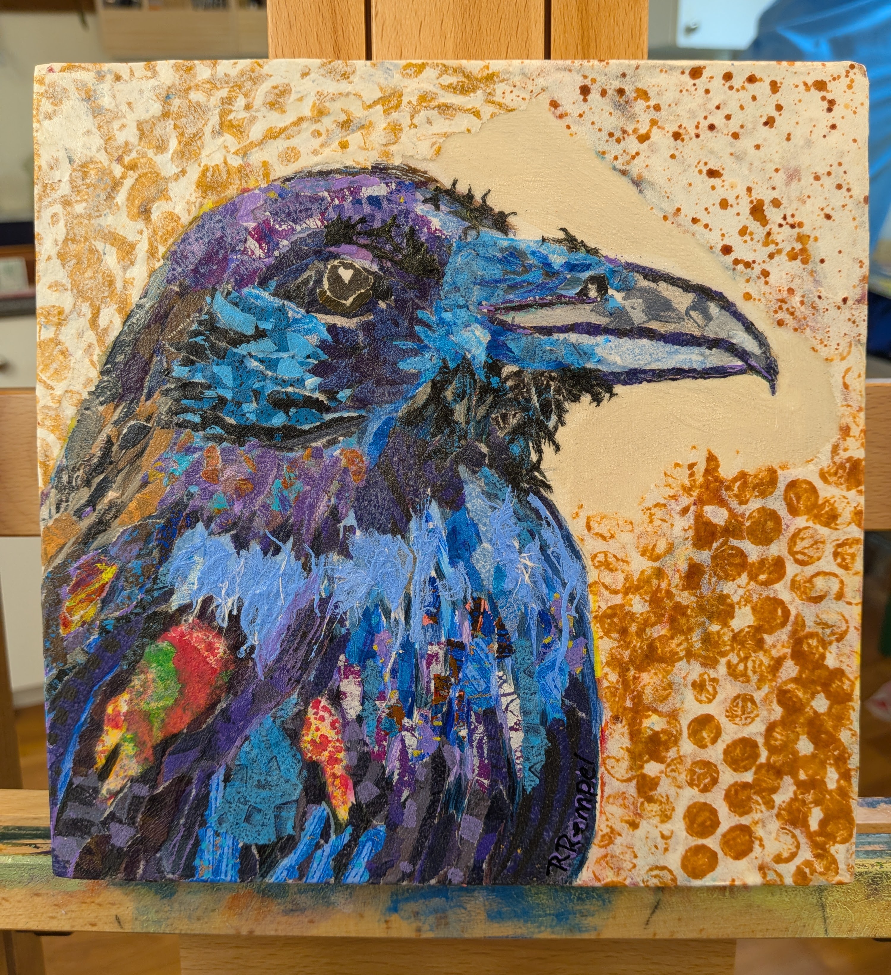 Close-up raven portrait rendered in indigo, violet, and copper tones