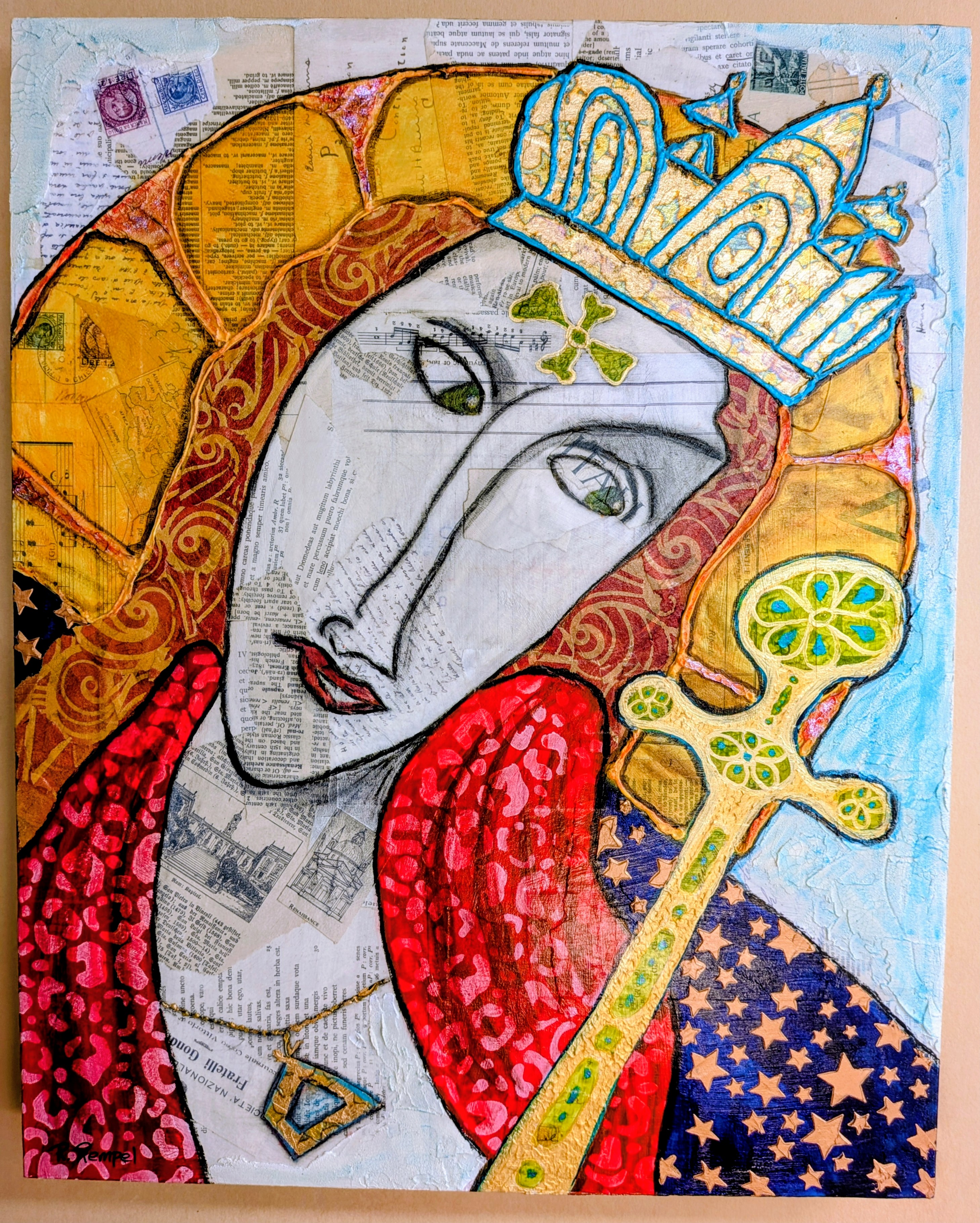 Icon-like portrait with a blue crown, red cloak, and collaged newsprint background